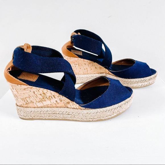 Tory Burch Wedges Navy Peep Toe Espadrille - Picture 5 of 9